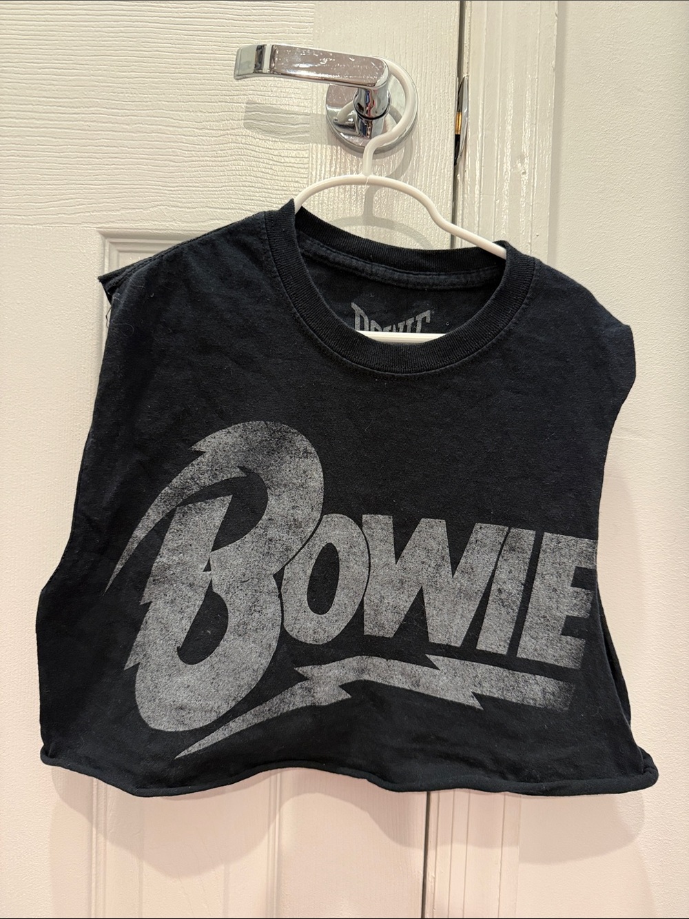 Bowie Cropped Muscle Tee - Black with Gray Logo. Size small